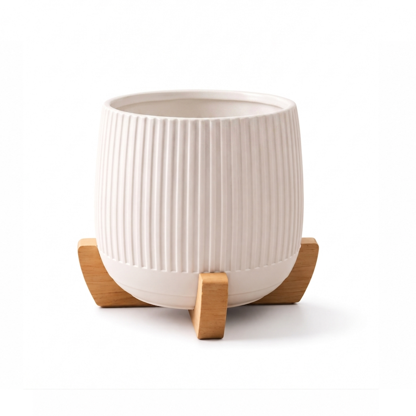 Modern Planter with Wood Base - Ribbed