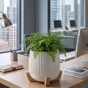 Modern Planter with Wood Base - Ribbed - Image 4
