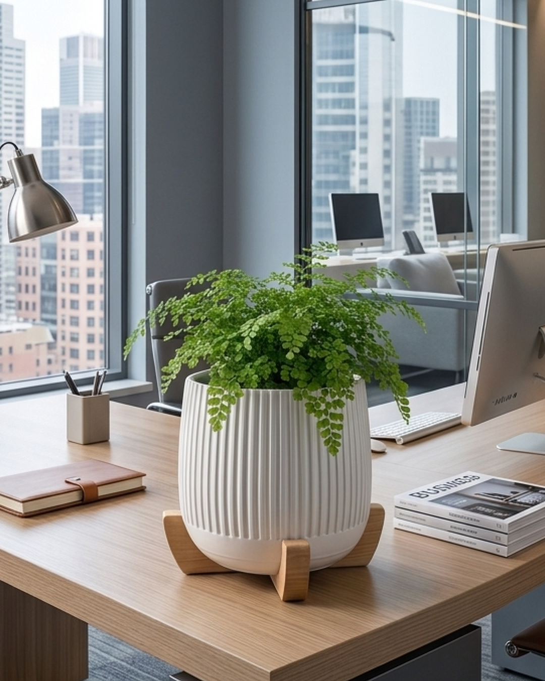 Modern Planter with Wood Base - Ribbed - Image 4