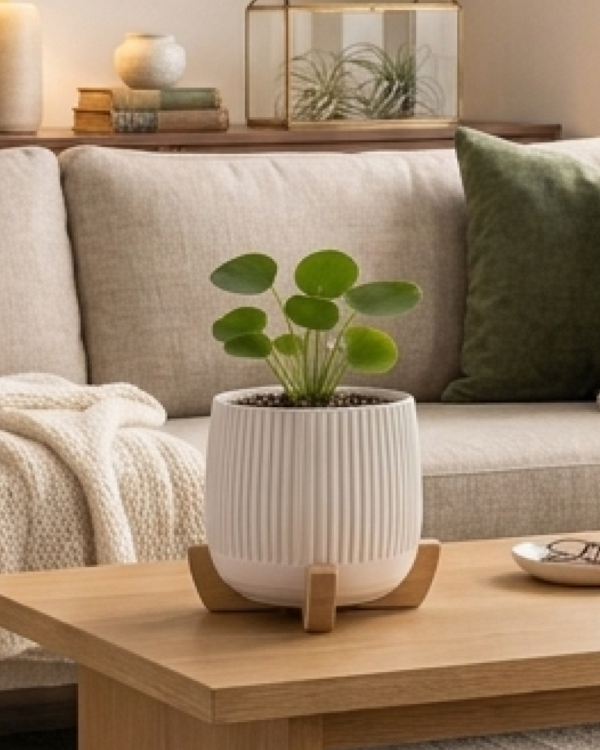 Modern Planter with Wood Base - Ribbed