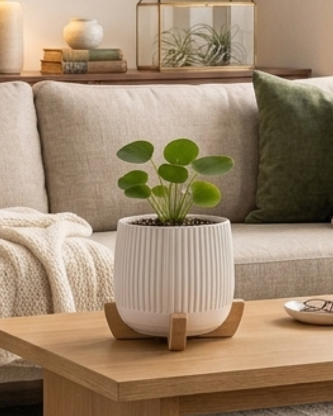 Modern Planter with Wood Base - Ribbed - Image 2