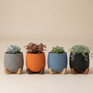 Modern Planter with Wood Base - Ribbed - Image 3