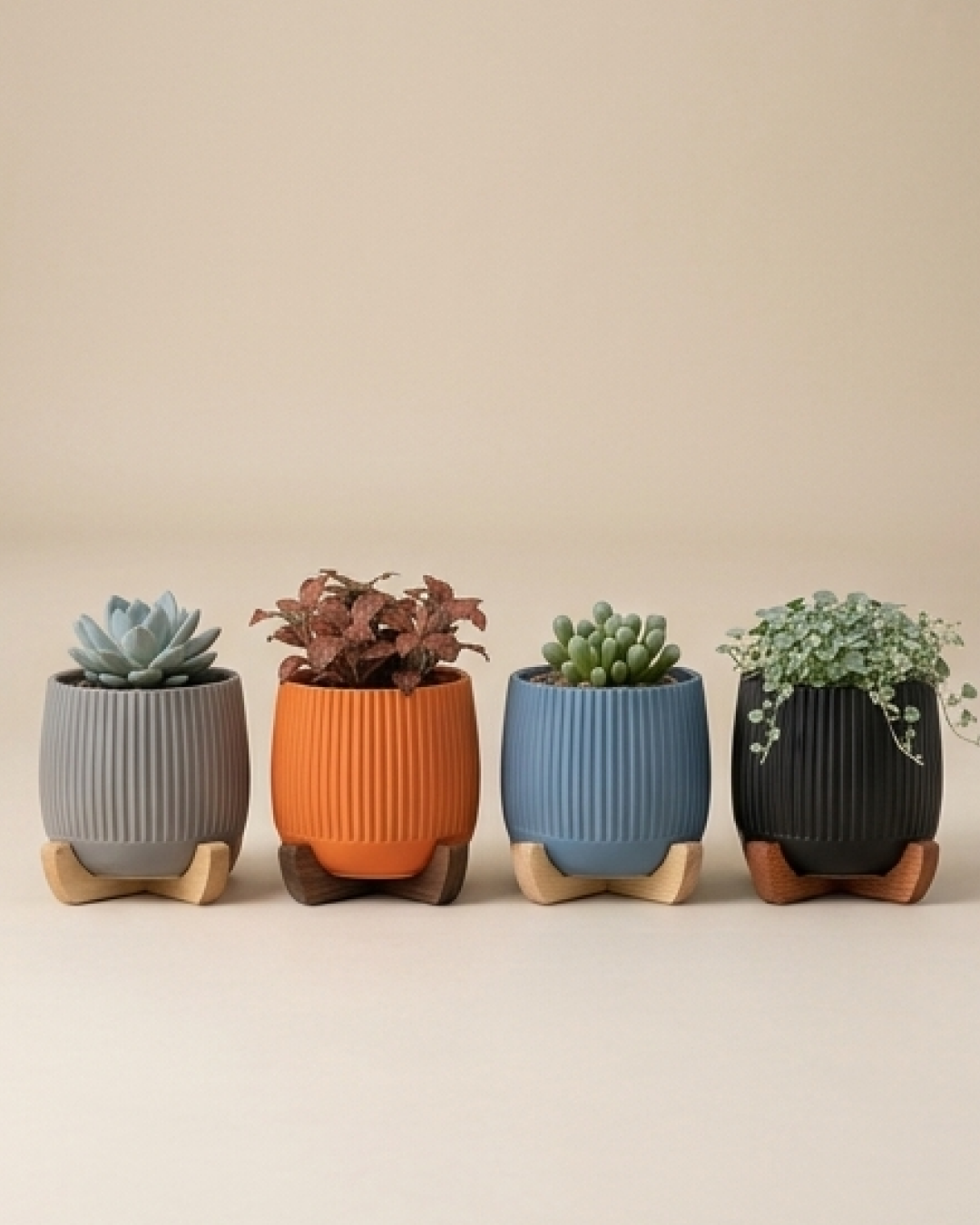 Modern Planter with Wood Base - Ribbed - Image 3